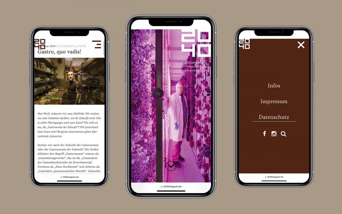 Drei verschiedene Mobil-Ansichten der Online-Ausgabe des 2040 Magazins