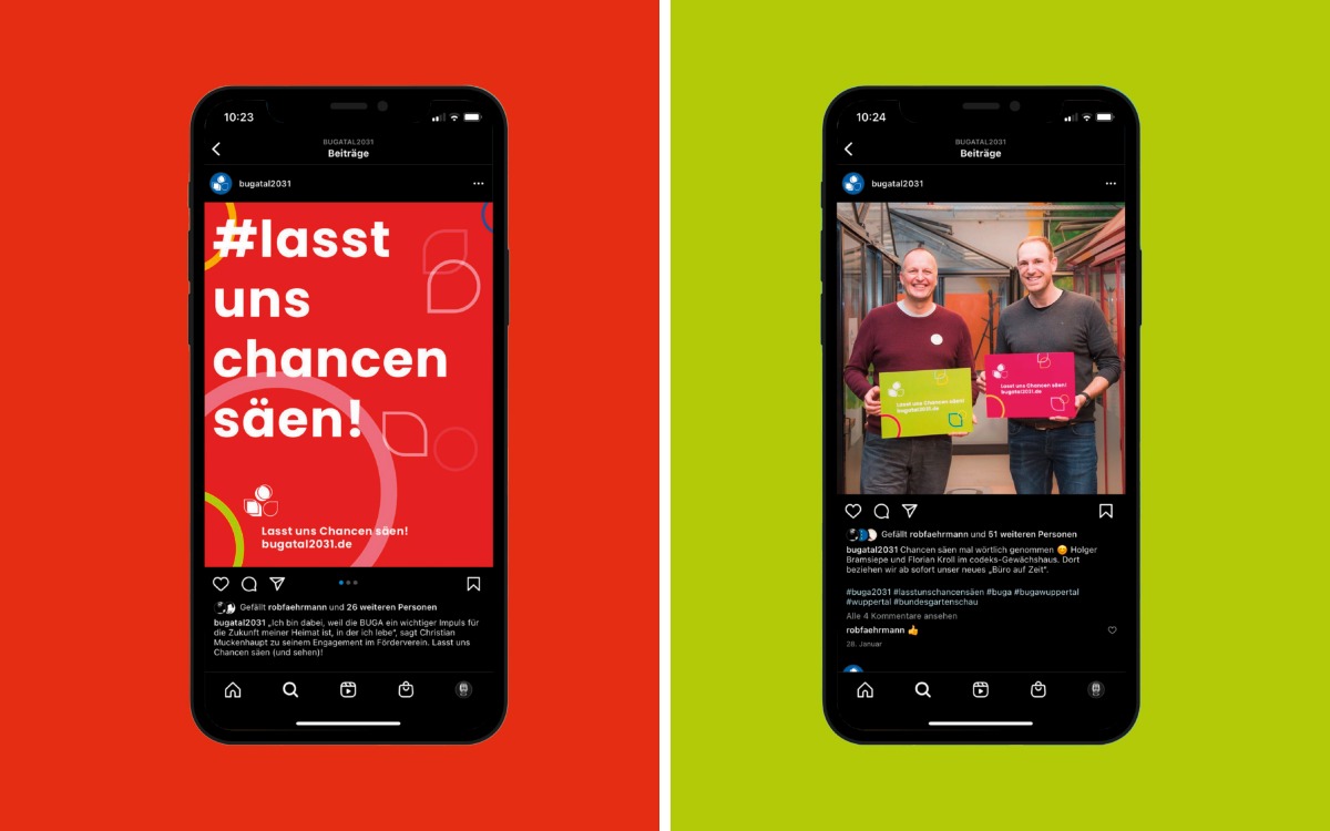 Zwei Instagram-Screenshots der Kampagne zur BUGA 2031 in Wuppertal