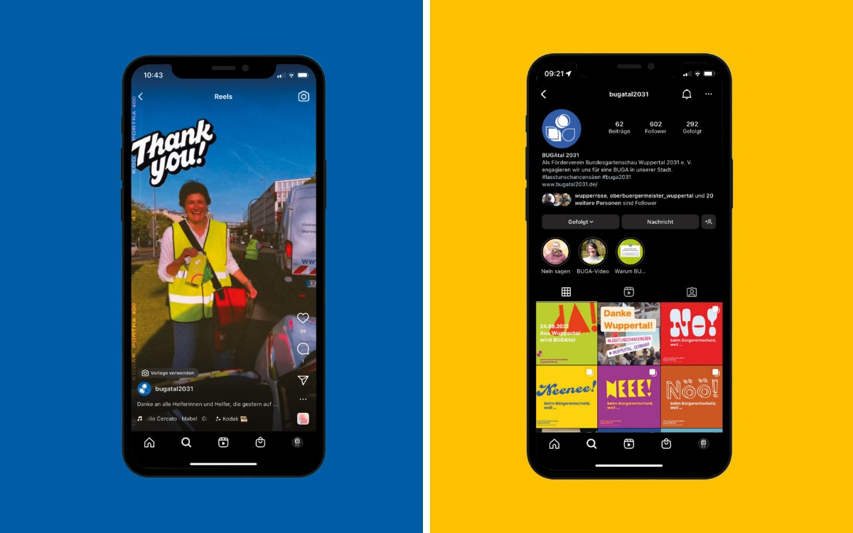 Zwei Instagram-Screenshots der Kampagne zur BUGA 2031 in Wuppertal