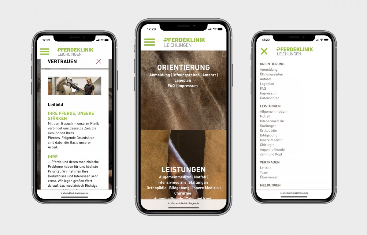 Drei Screenshots der Website Pferdeklinik Leichlingen in Smartphone-Ansicht