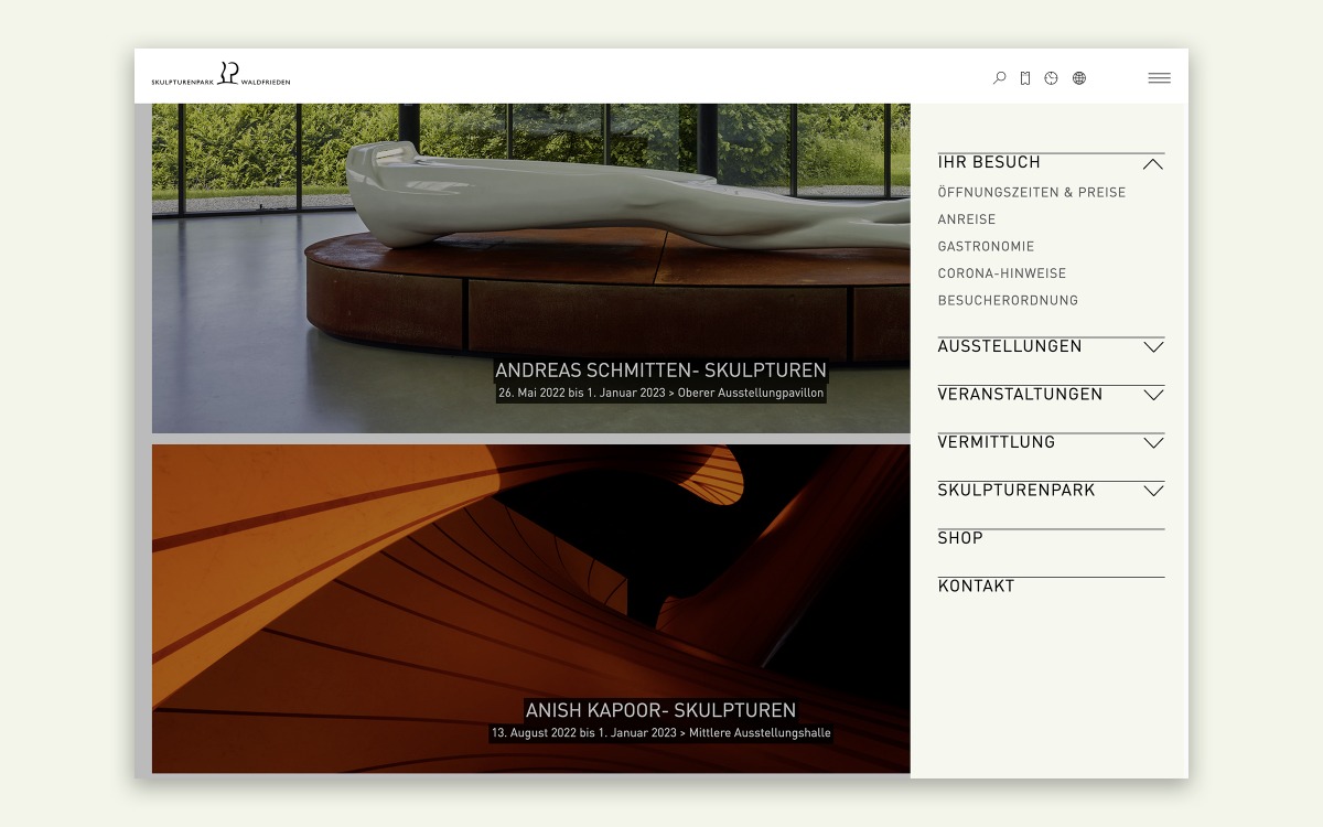 Desktop-Ansicht Website mit Menp Skulpturenpark Waldfrieden