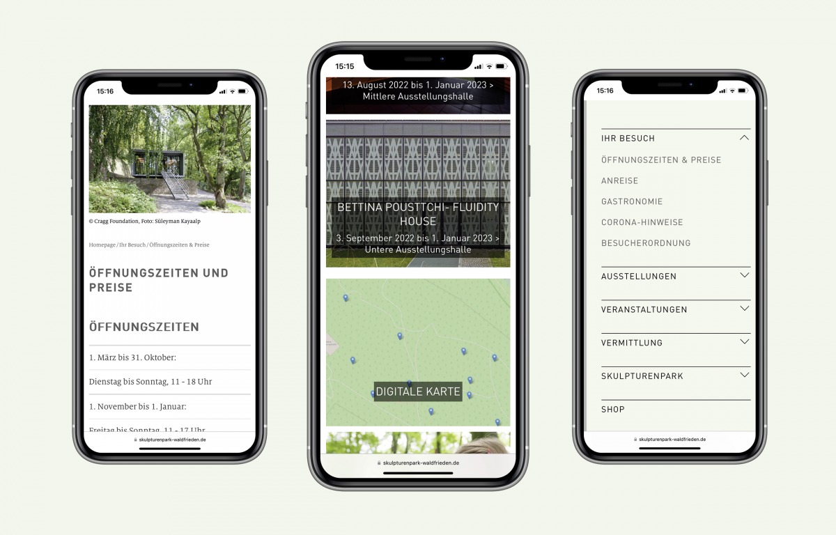 dreifache Smartphone-Ansicht Website Skulpturenpark Waldfrieden