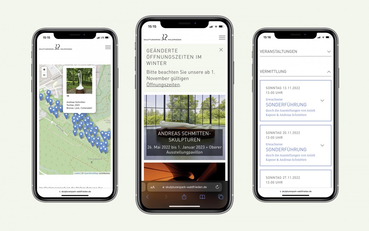 dreifache Smartphone-Ansicht Website Skulpturenpark Waldfrieden