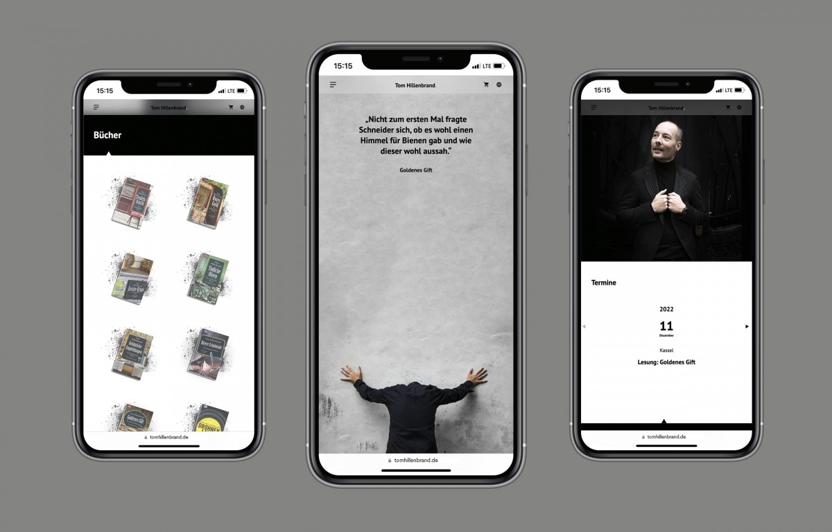 Screenshots der neuen Website des Autoren Tom Hillenbrand in mobiler Ansicht